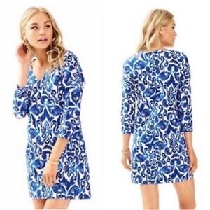 Lilly Pulitzer Blue Cori Shift Dress Beach Bathers Flamingo Small Pima Cotton